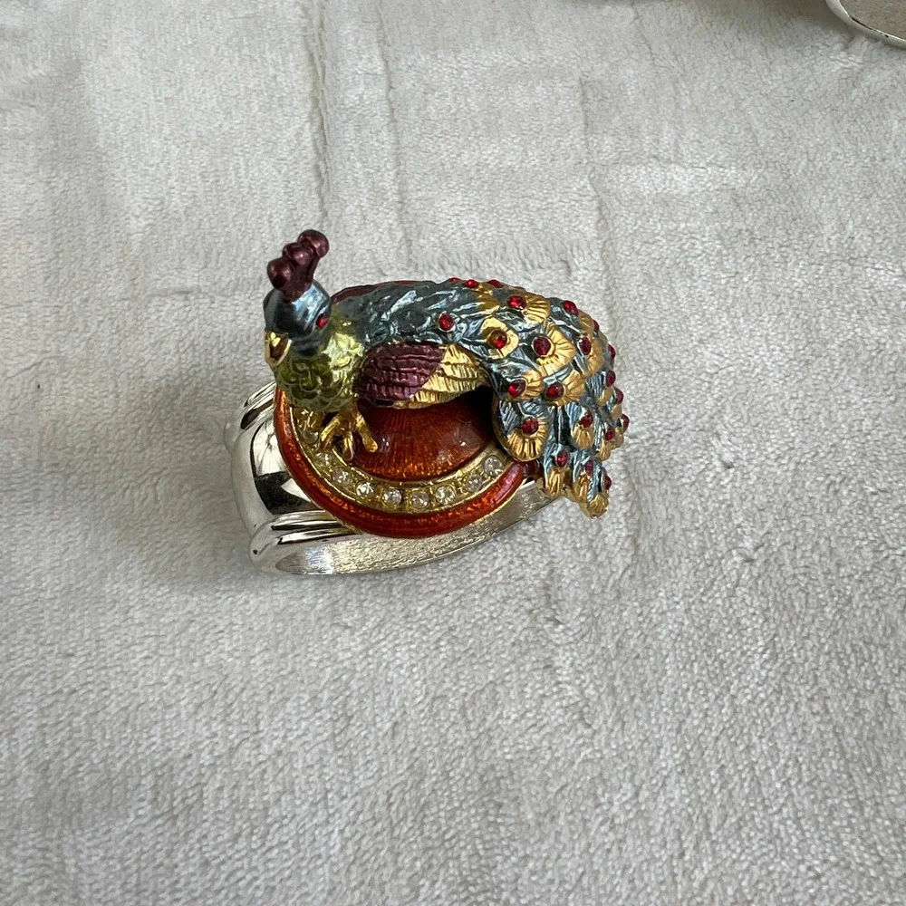 Hans Turnwald Swarovski Crystal Peacock Bird Napkin Rings Set Of 4 Silver Tone